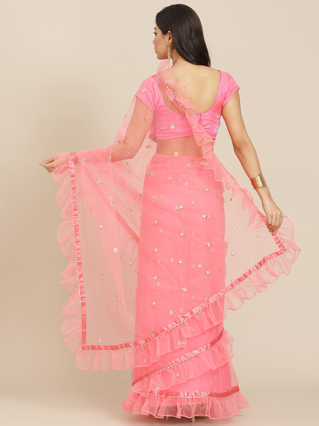 Pink Sequins Embellished Ruffle Net Saree