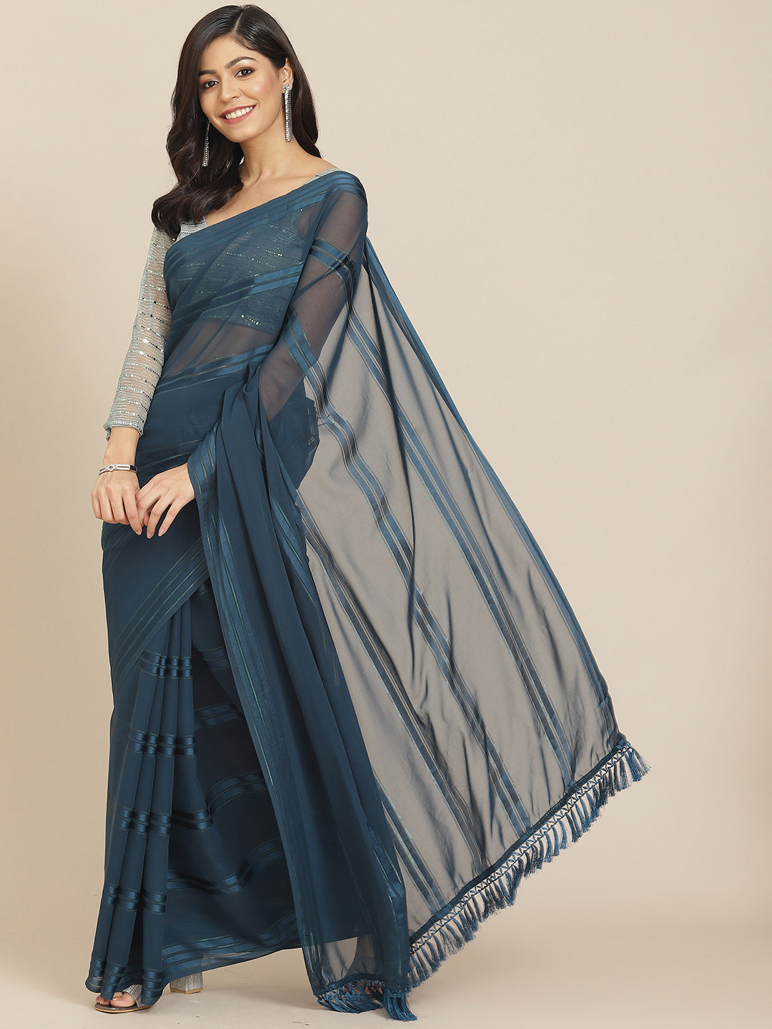 Navy Blue Striped Polyester Saree With Tassels