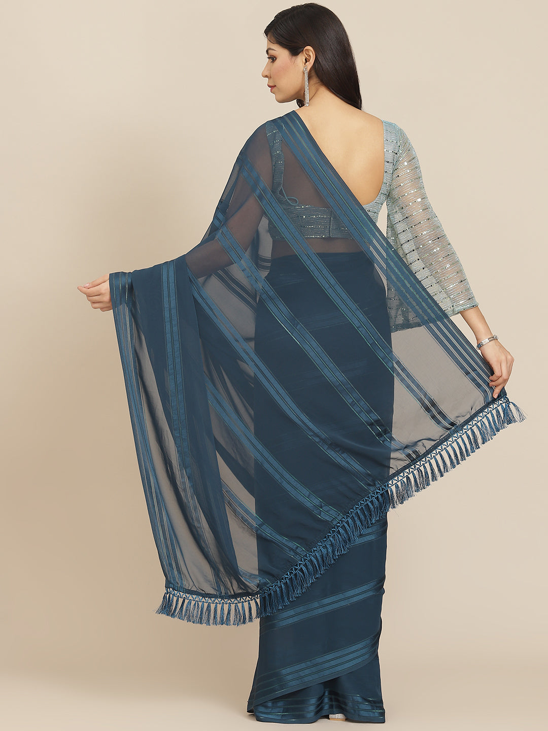 Navy Blue Striped Polyester Saree With Tassels