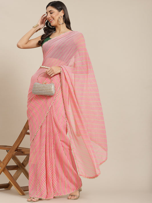 Pink Striped Georgette Saree With Moti Lace