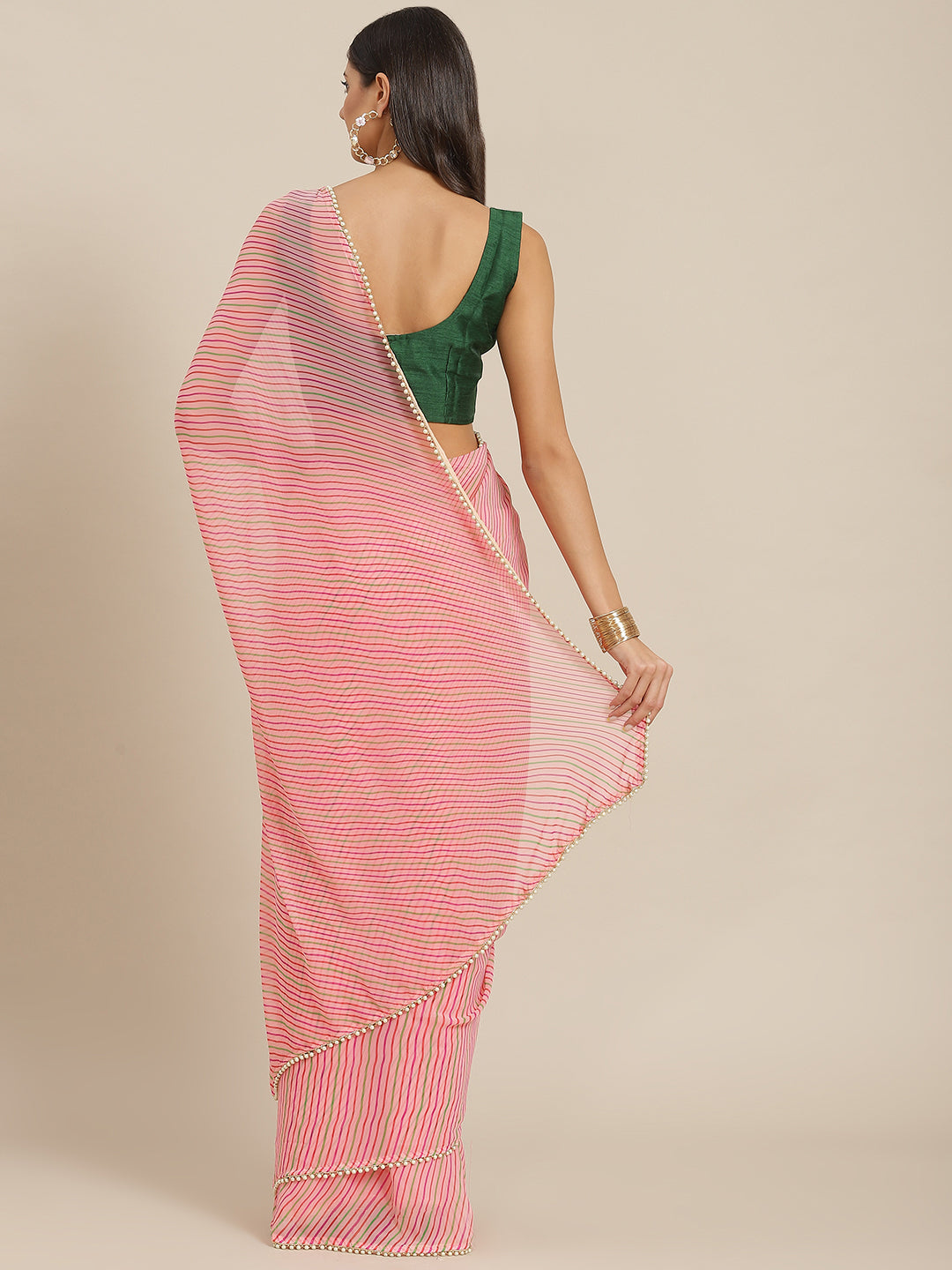 Pink Striped Georgette Saree With Moti Lace