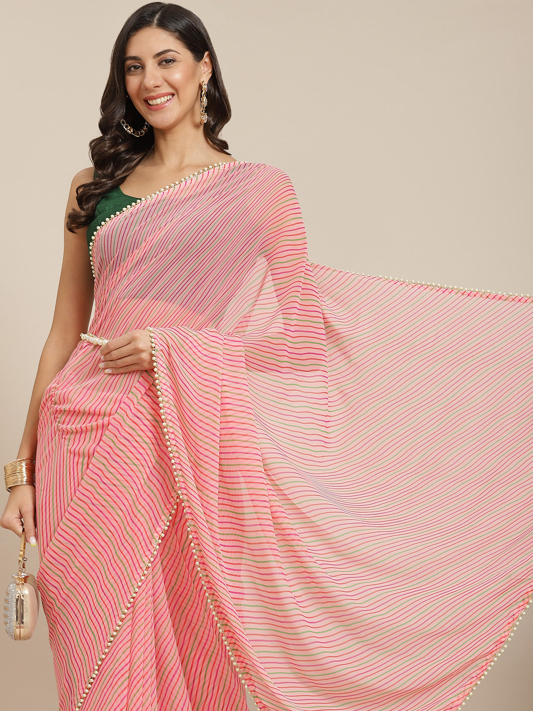 Pink Striped Georgette Saree With Moti Lace