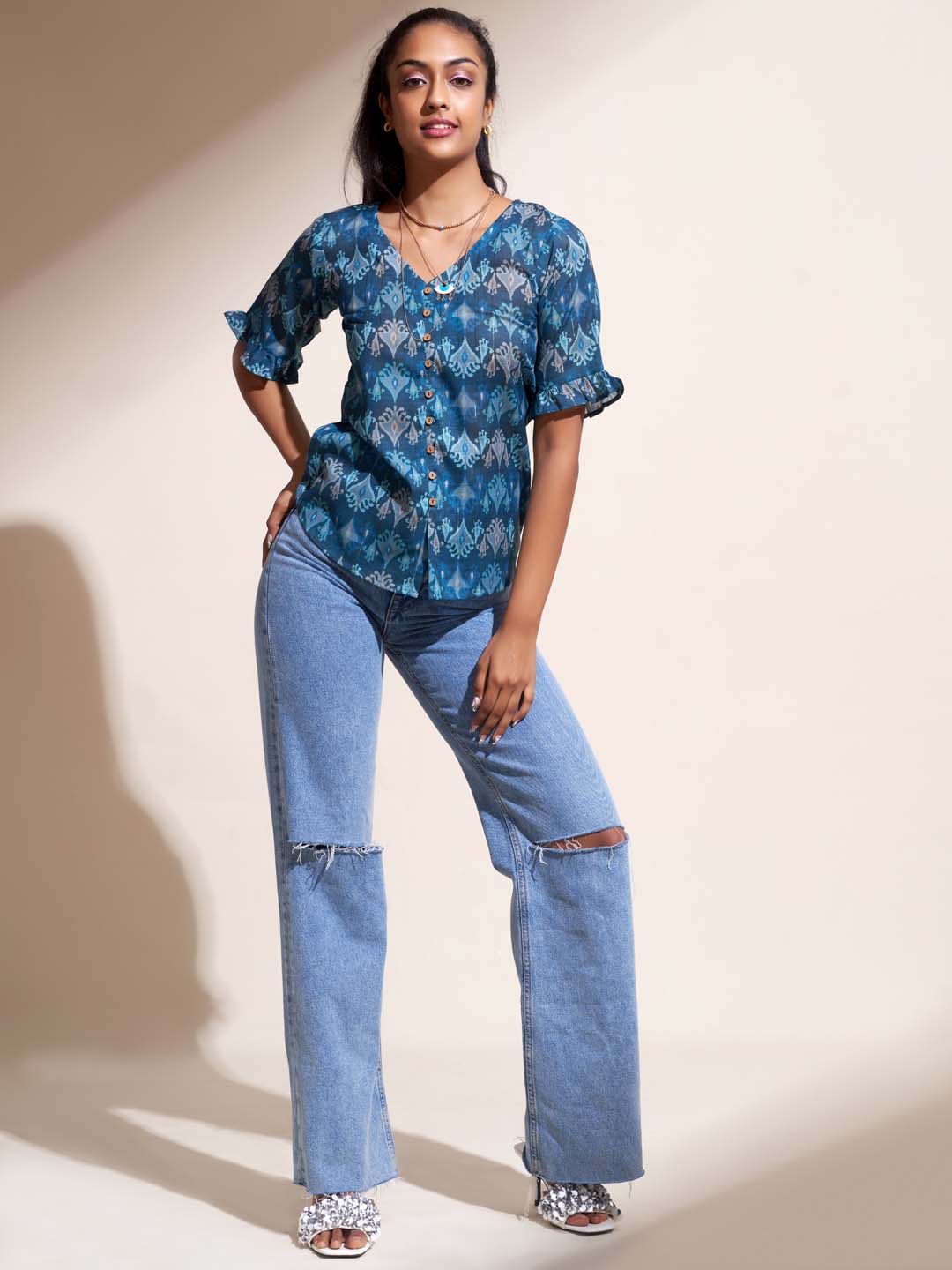 Teal Abstract Print Cotton Blend Straight Top