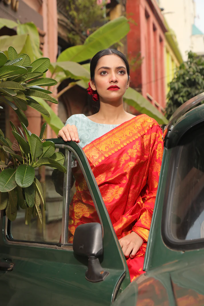 Red Bridal Mekhela Chadar With Heavy Brocade Assam Saree