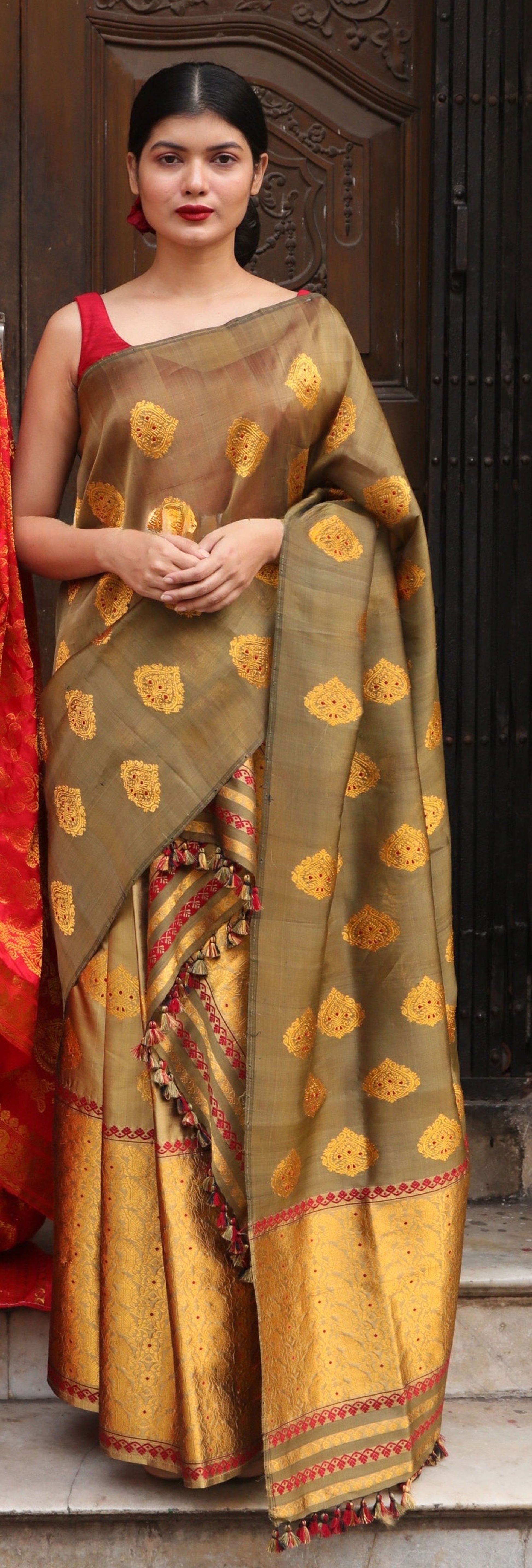 Royal Olive Green Mekhela Chadar Assam Silk Wedding Saree