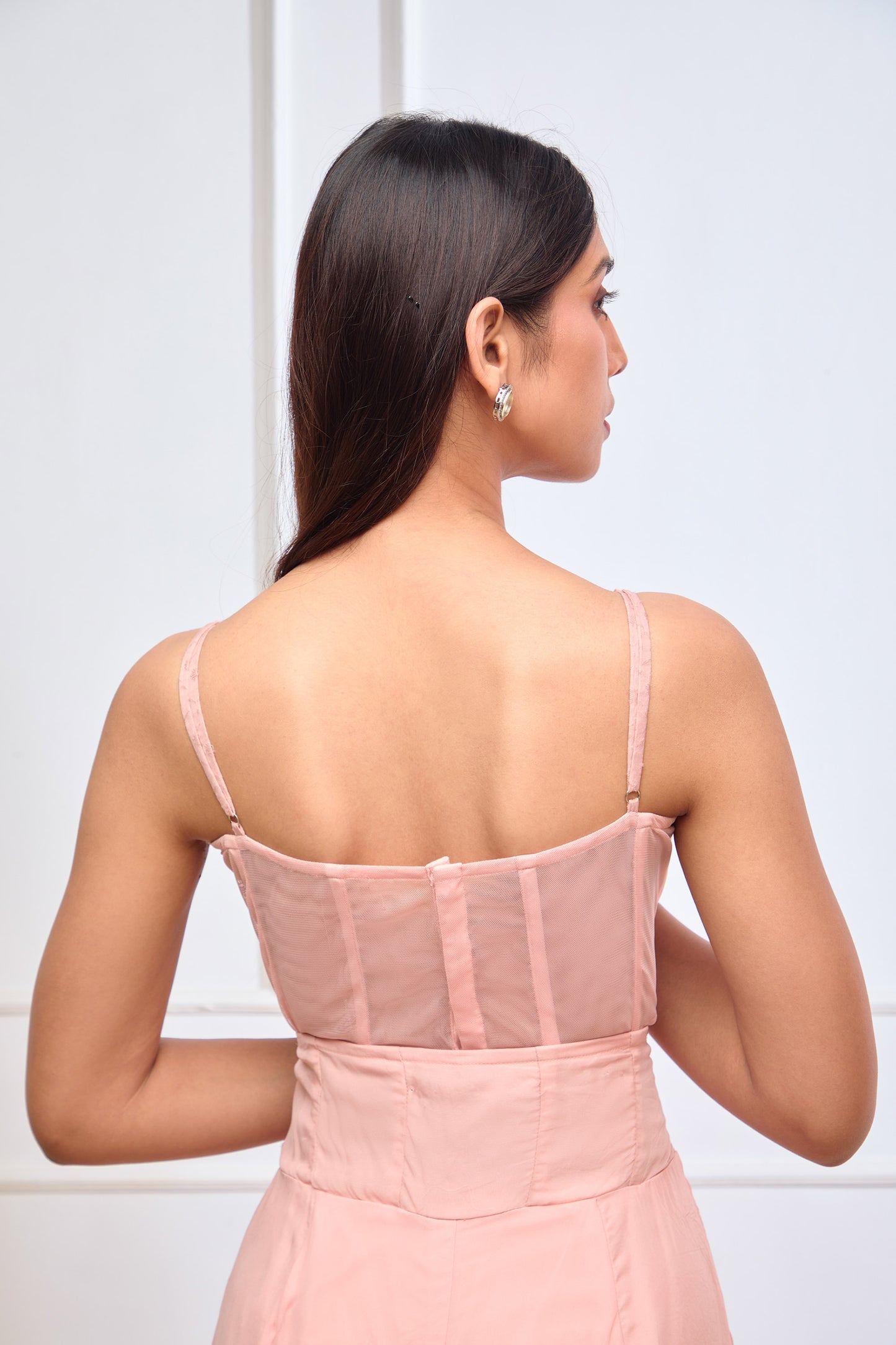 Peach Organza jamdani corset top and flared trouser set