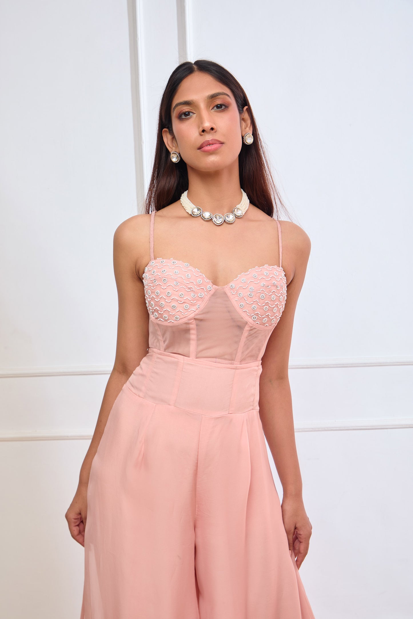 Peach Organza jamdani corset top and flared trouser set