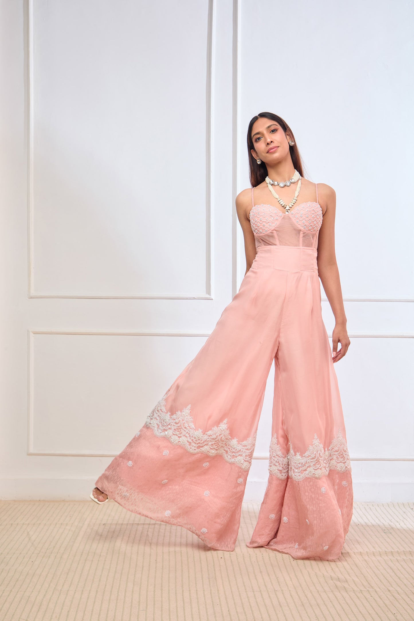 Peach Organza jamdani corset top and flared trouser set