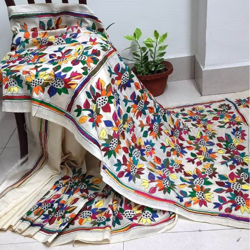 Shantiniketan Kantha Saree in Tussar Silk By Rank Every Retire