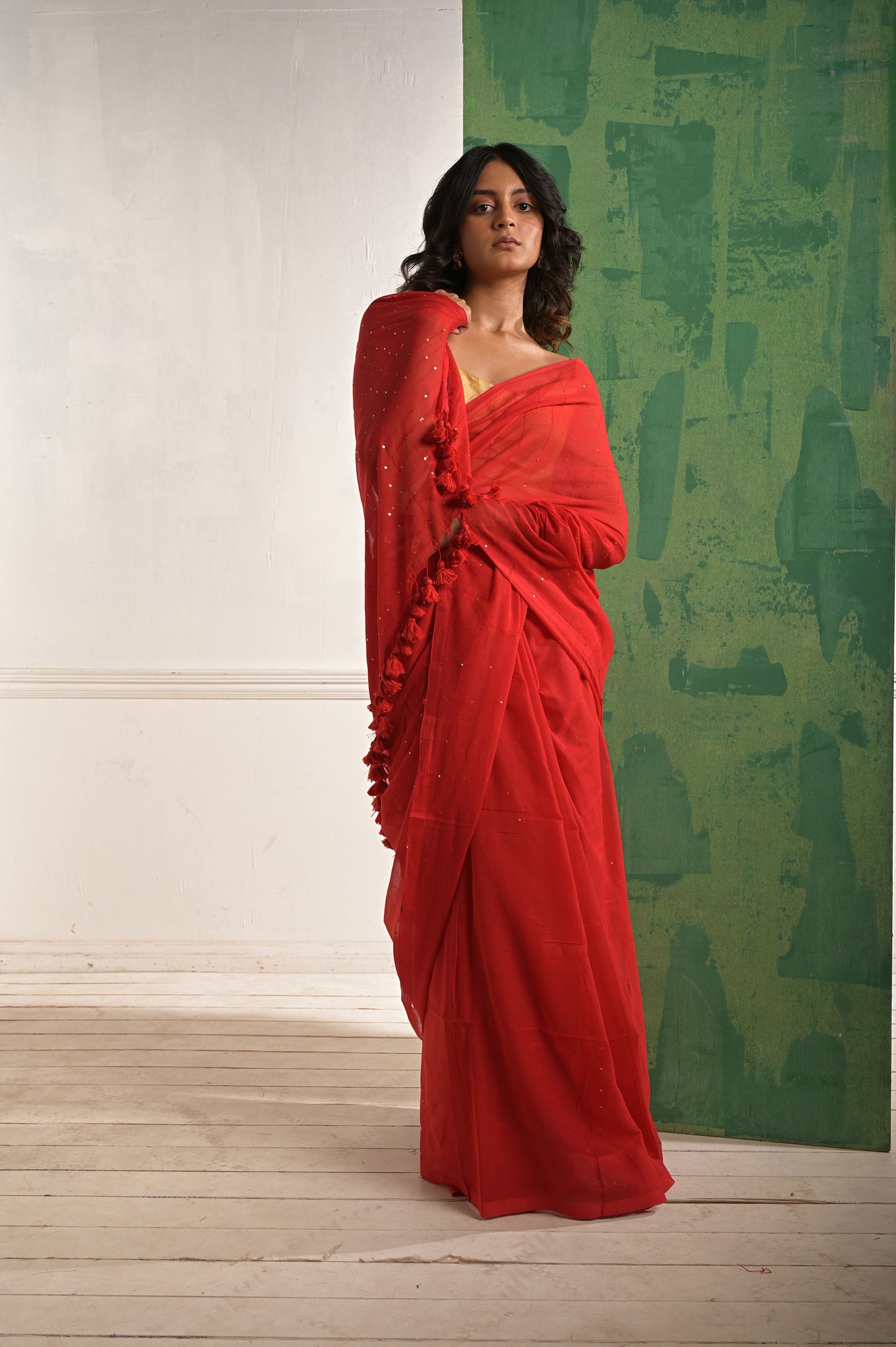 Toot ta taara |Red mul cotton saree with beaded sequins