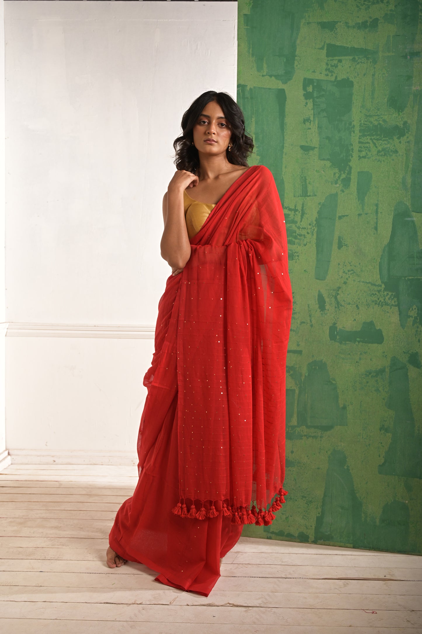 Toot ta taara |Red mul cotton saree with beaded sequins