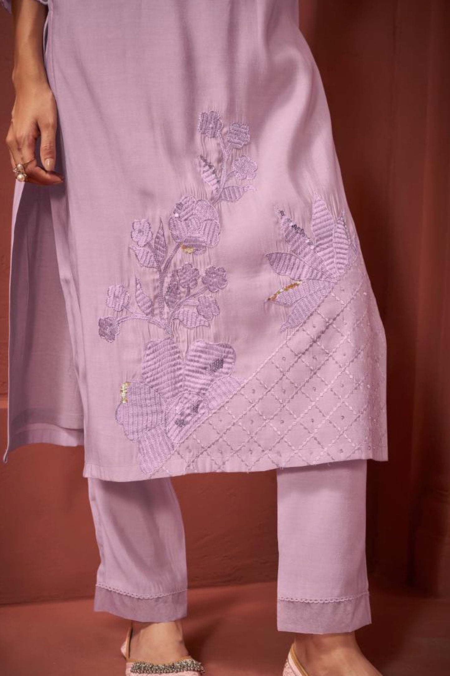 Lilac Roman Silk Kurta Set with Embroidered Dupatta