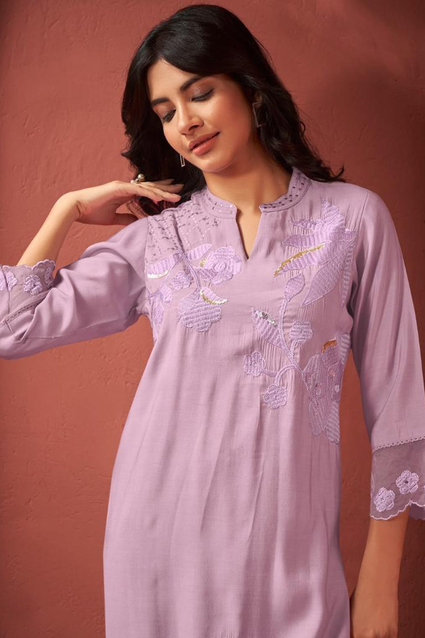 Lilac Roman Silk Kurta Set with Embroidered Dupatta