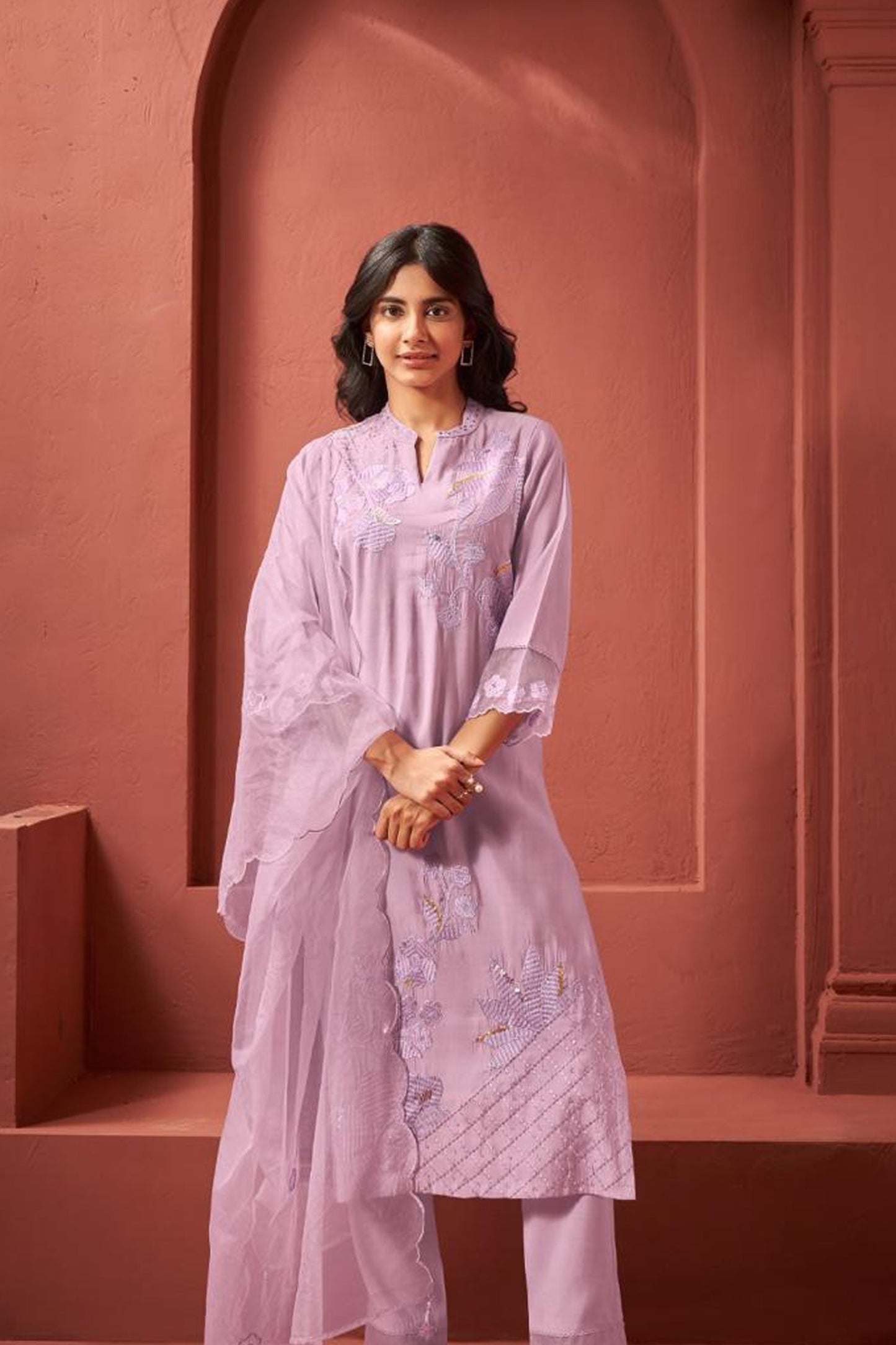 Lilac Roman Silk Kurta Set with Embroidered Dupatta