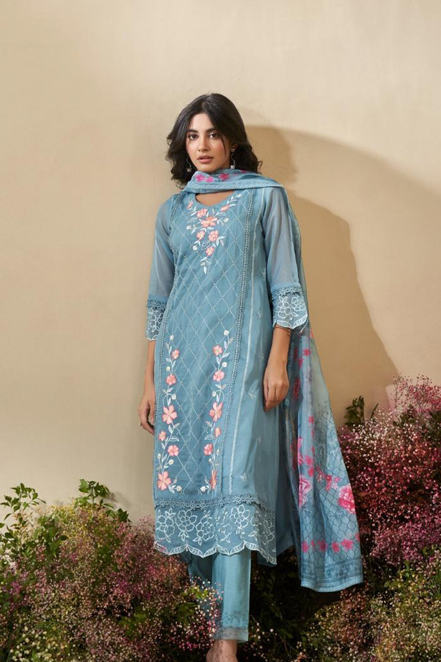 Aqua Blossom Organza Kurta Set