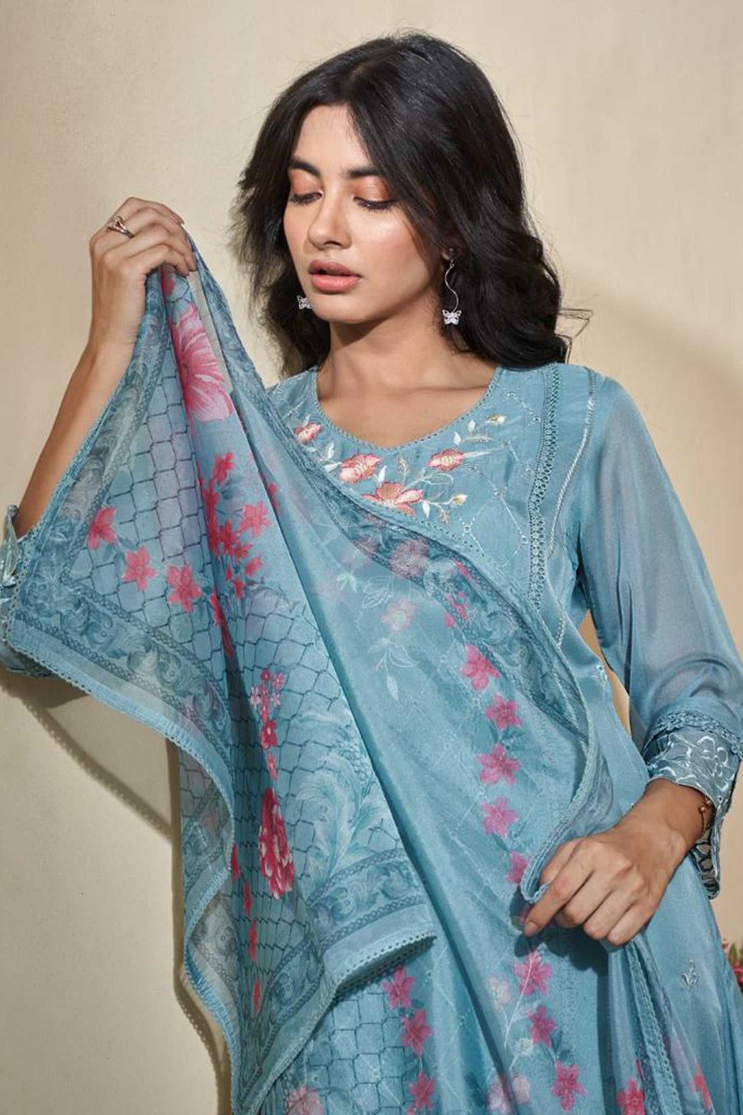 Aqua Blossom Organza Kurta Set