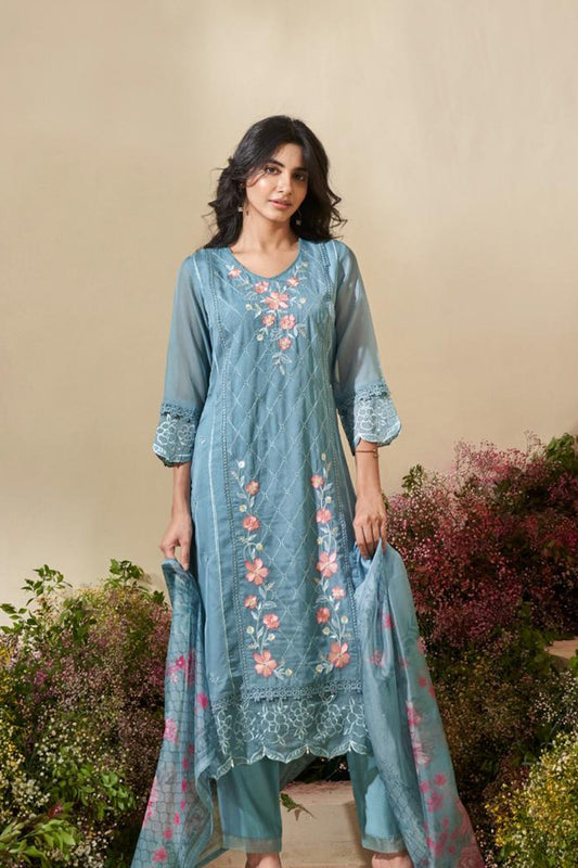 Aqua Blossom Organza Kurta Set