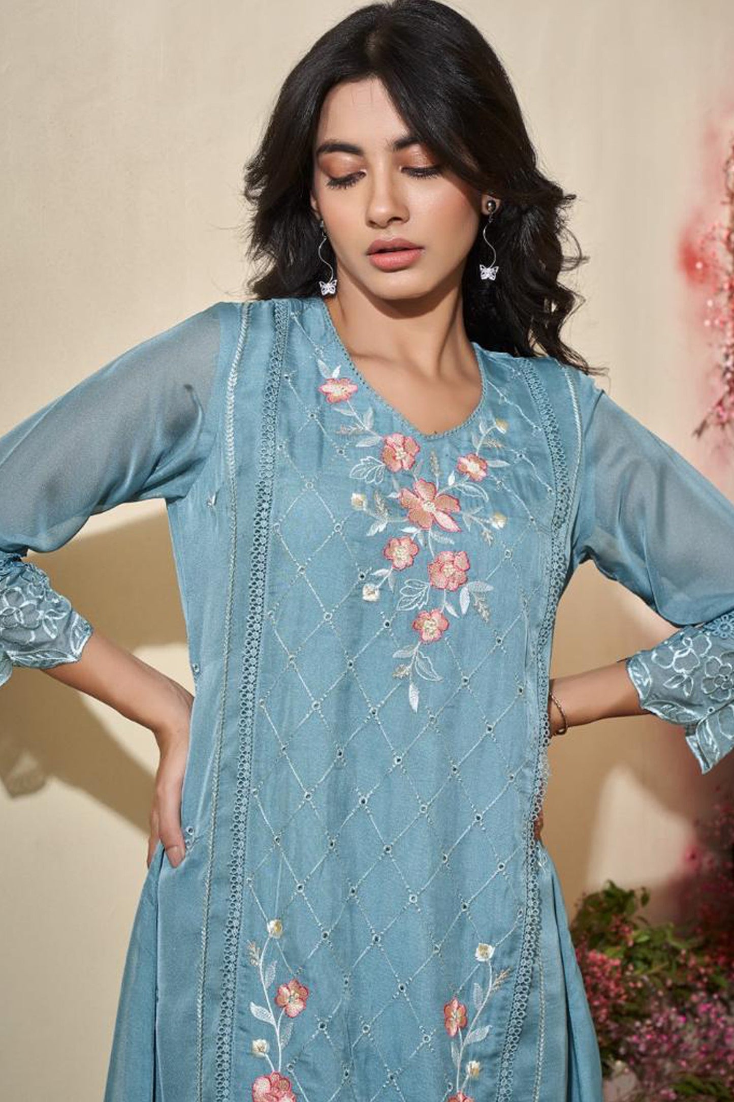 Aqua Blossom Organza Kurta Set