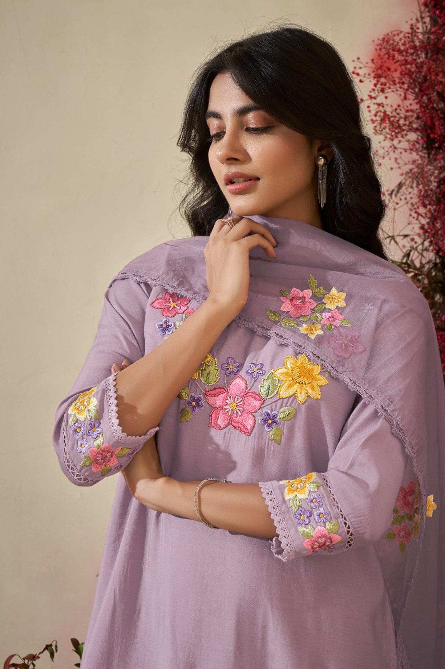 Lavender Blossom Embroidered Kurta Set