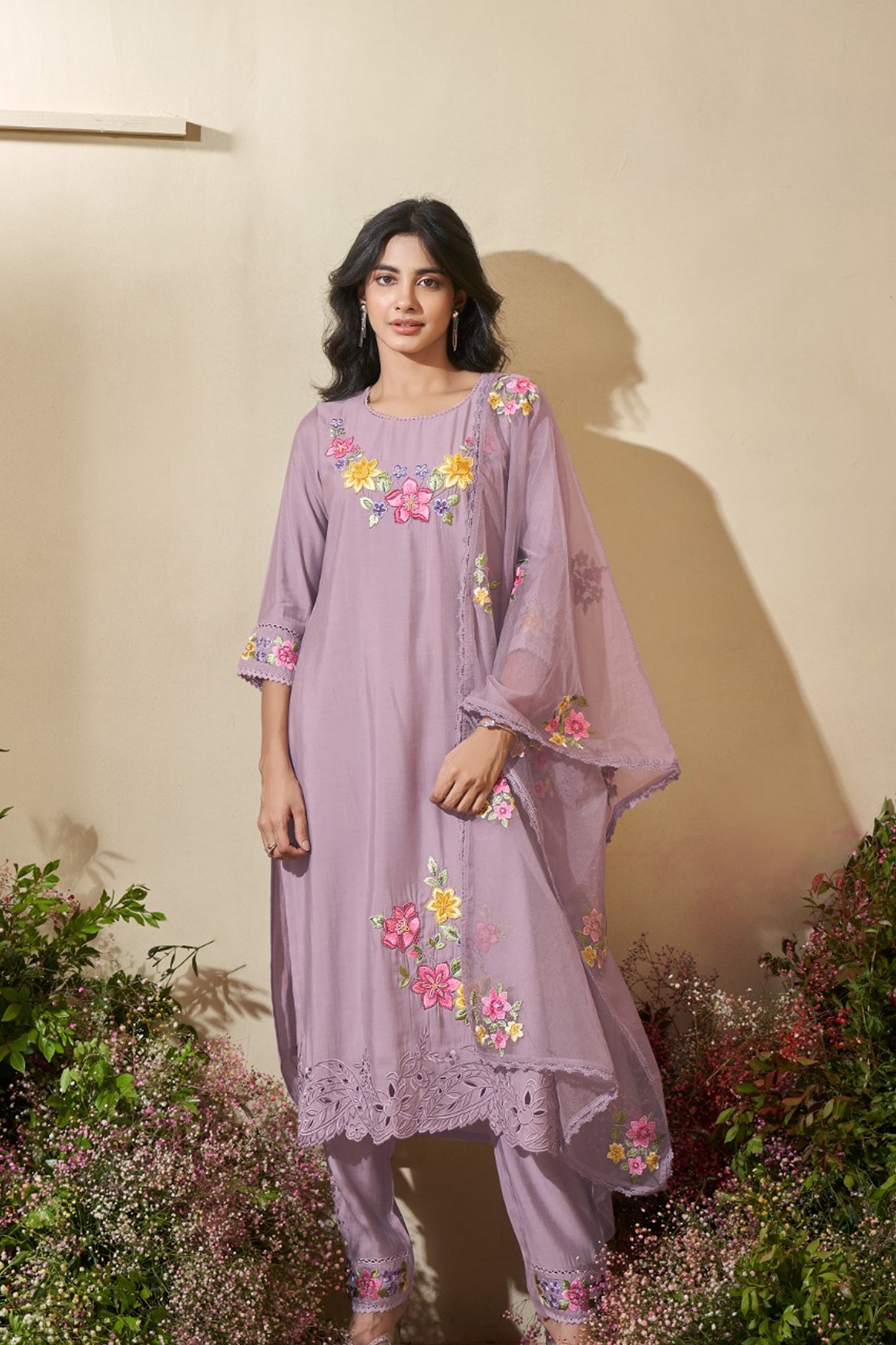 Lavender Blossom Embroidered Kurta Set