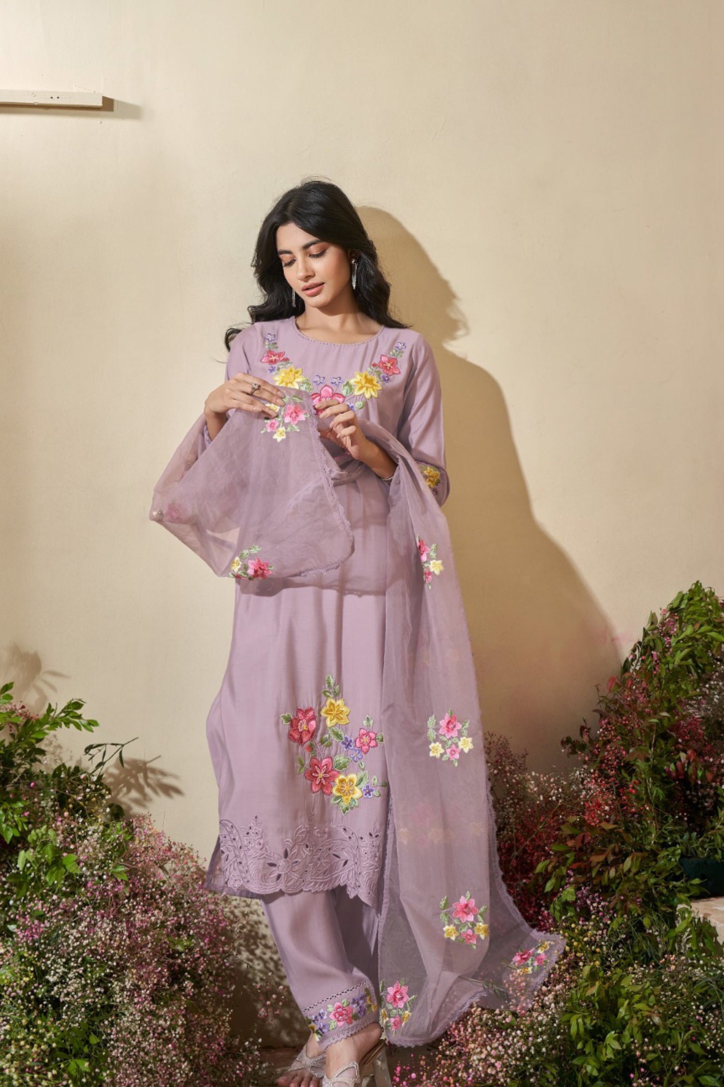 Lavender Blossom Embroidered Kurta Set