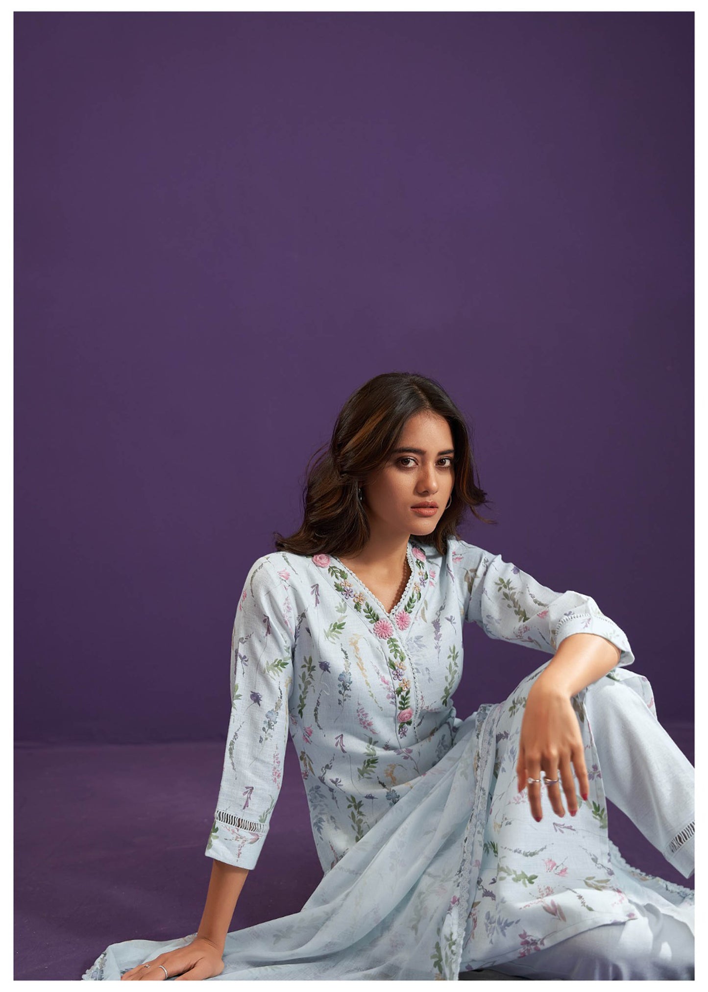 Pastel Light Blue Linen Cotton Printed Straight Fit Kurta