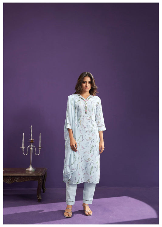 Blue Linen Cotton Printed Kurta Set