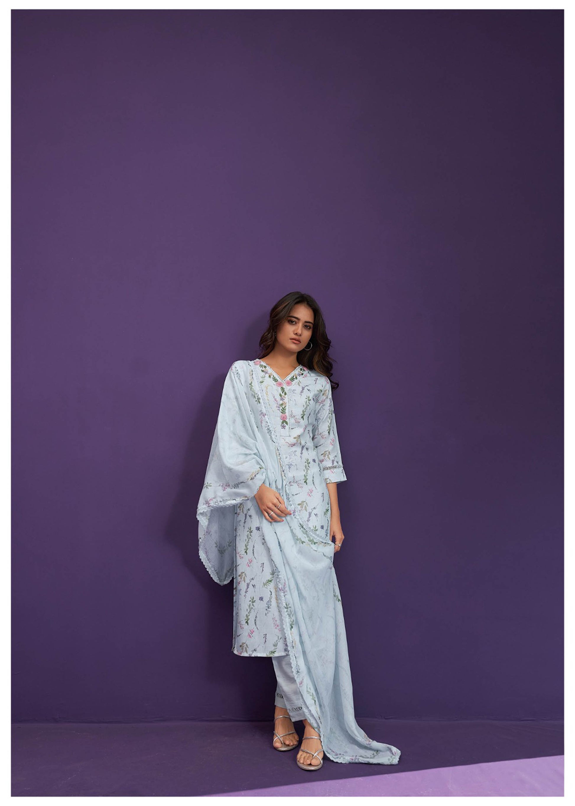 Pastel Light Blue Linen Cotton Printed Straight Fit Kurta