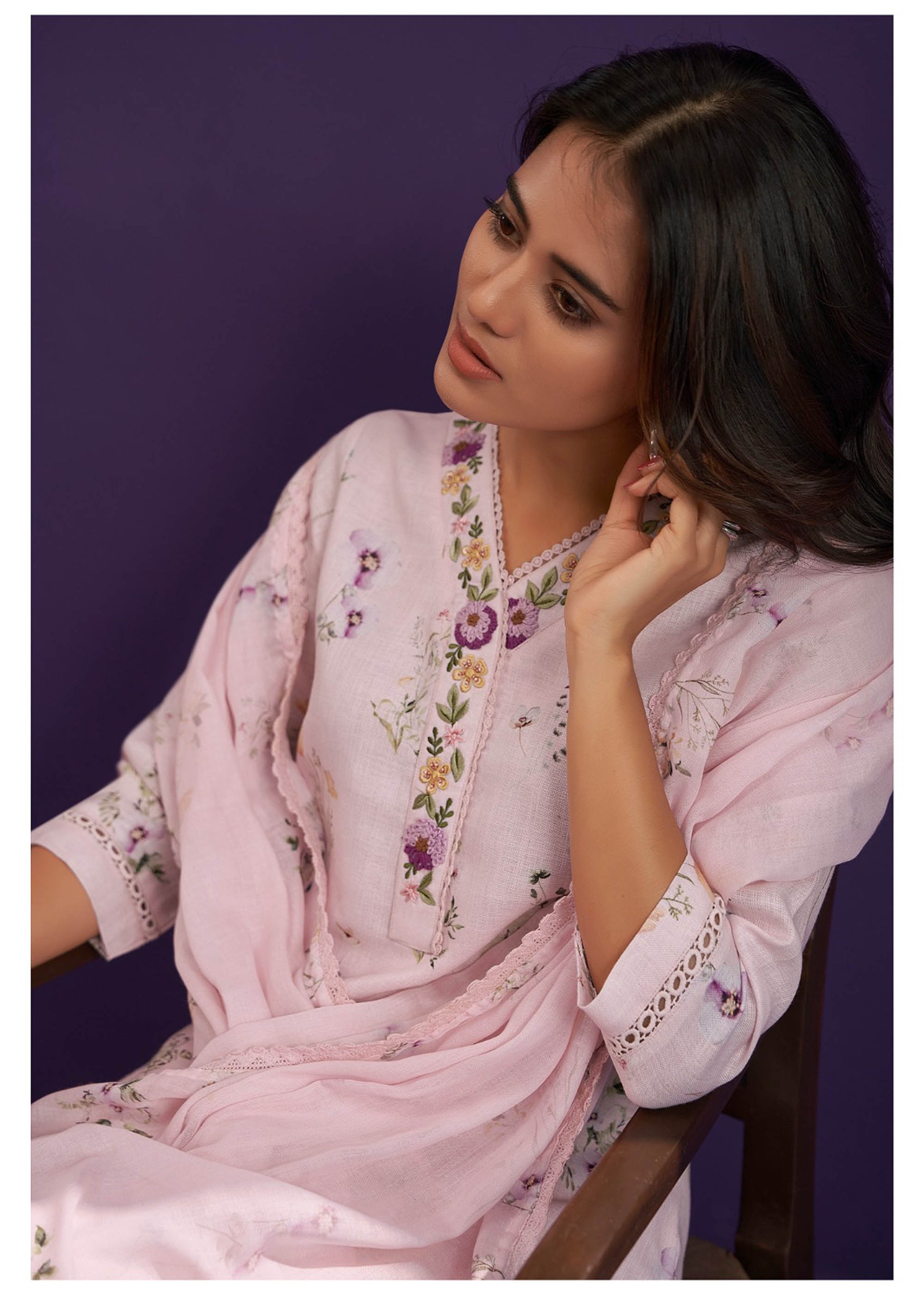 Baby Pink Linen Cotton Printed Straight Fit Kurta