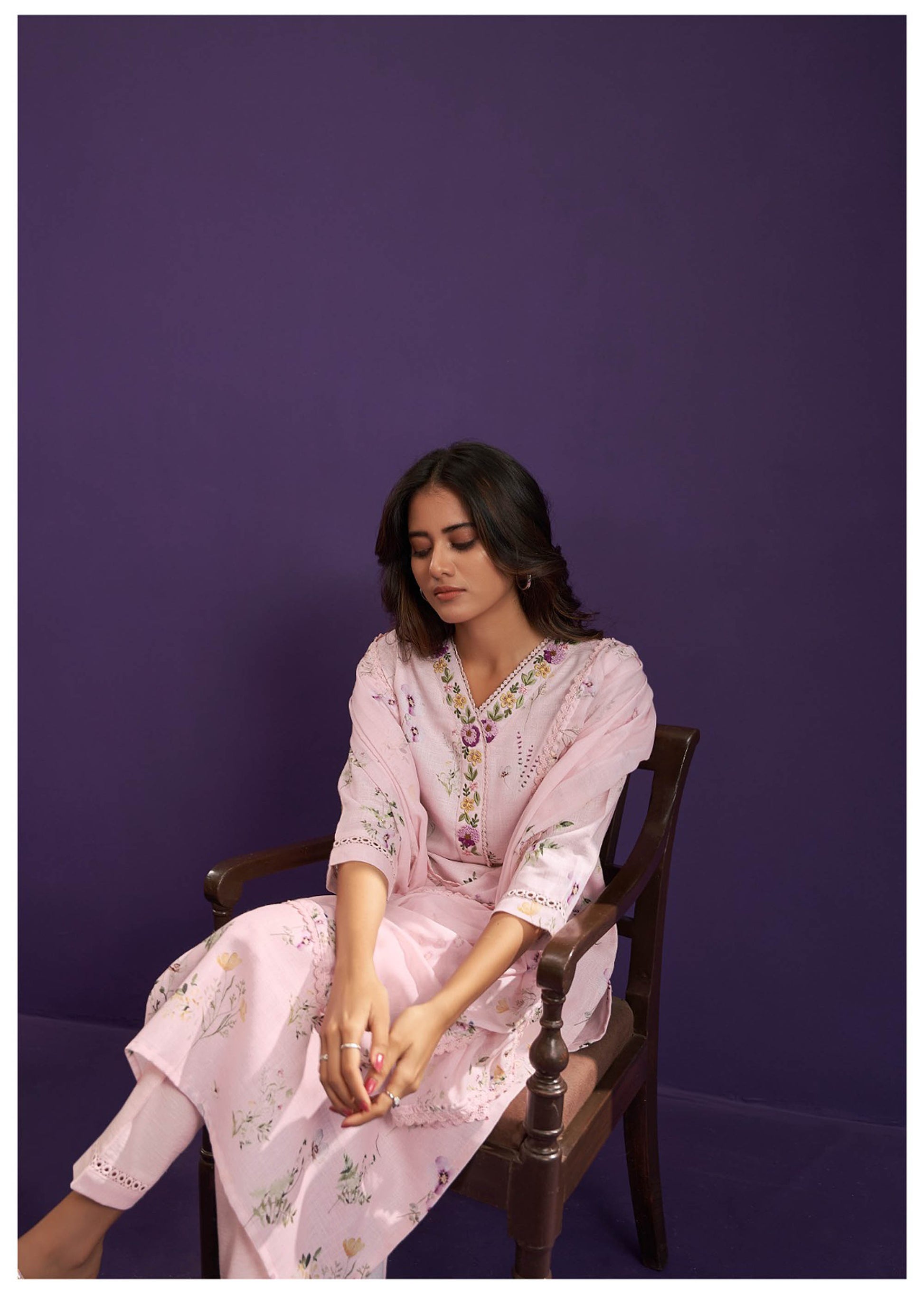 Baby Pink Linen Cotton Printed Straight Fit Kurta