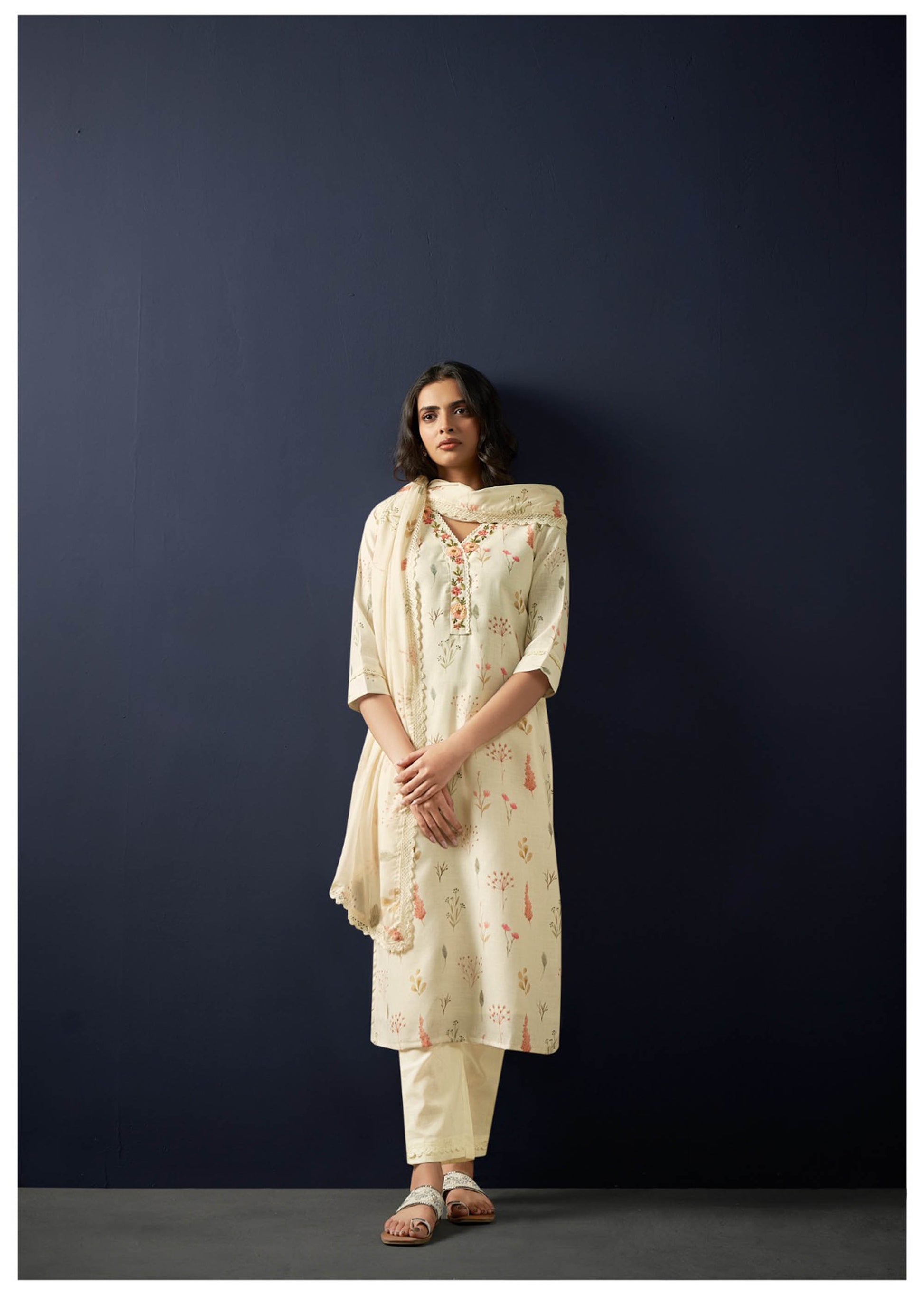 Cream Linen Cotton Printed Straight Fit Kurta 