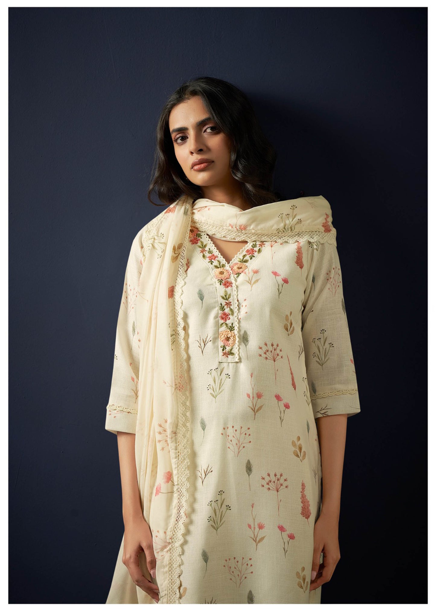 Cream Linen Cotton Printed Straight Fit Kurta 