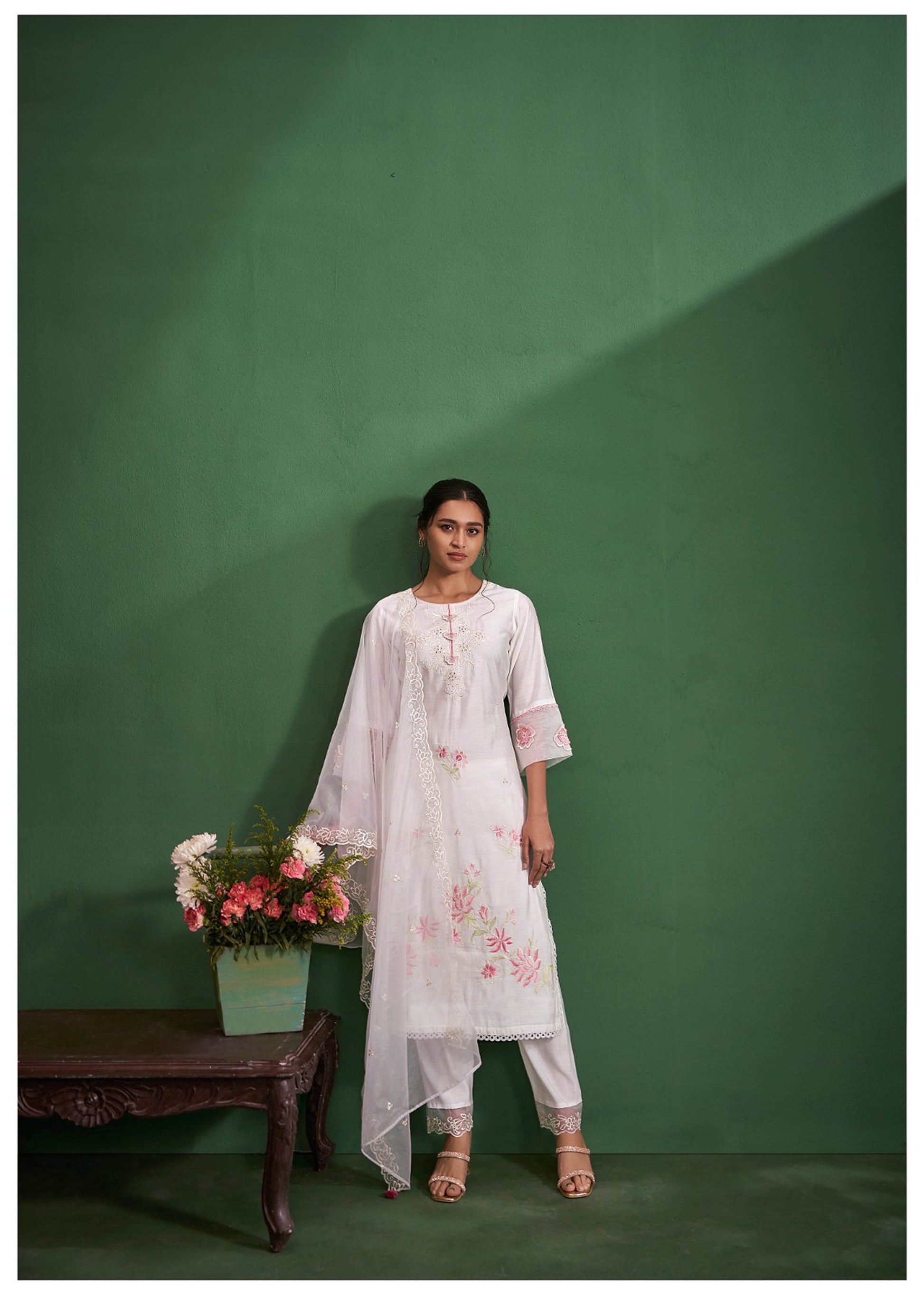 Off White Cotton Silk Embroidered Straight Fit Kurta