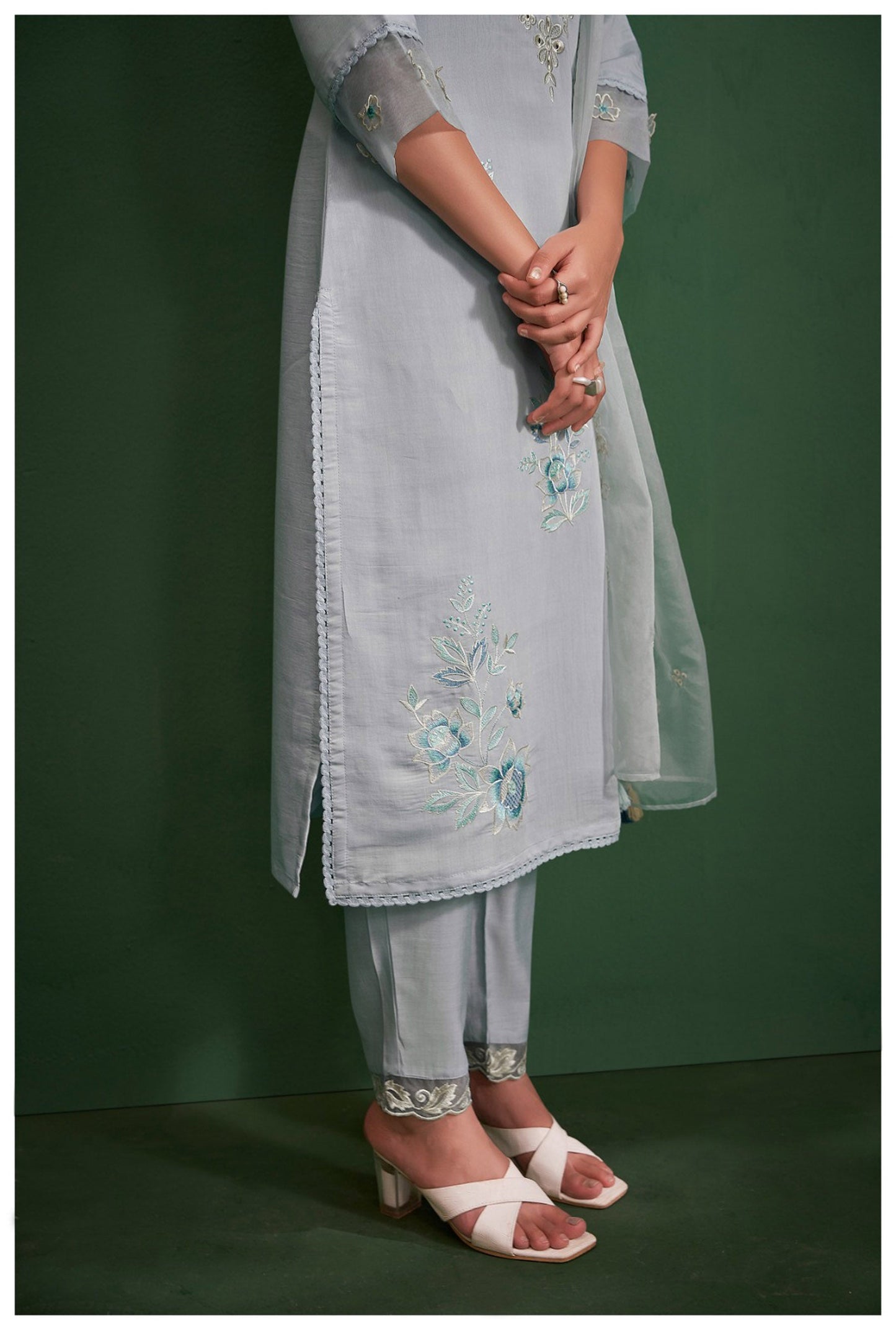 Blue Cotton Silk Embroidered Kurta Set