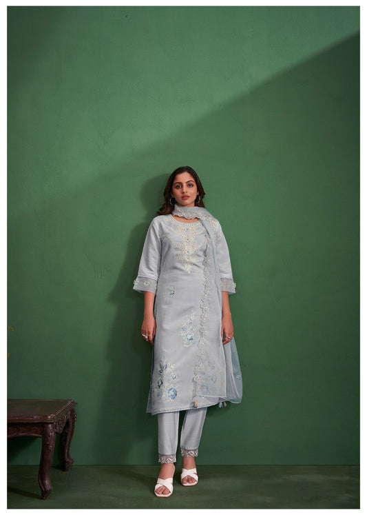 Blue Cotton Silk Embroidered Kurta Set