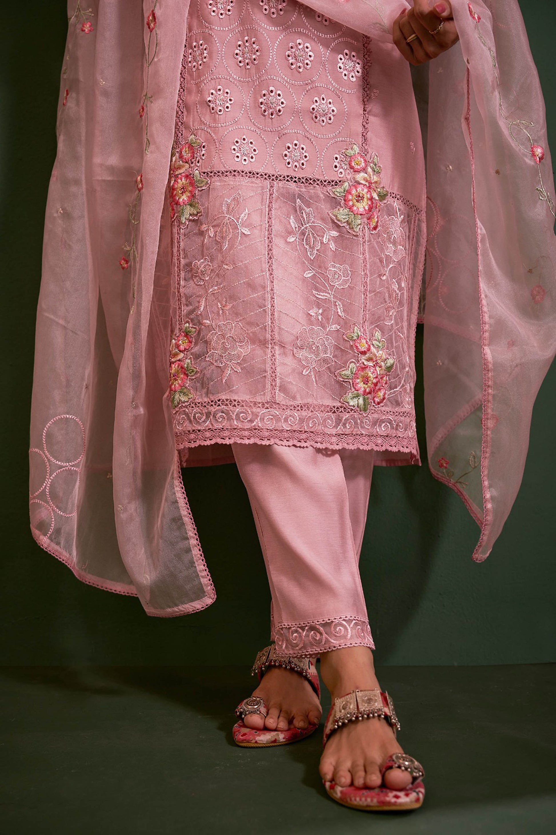 Peach Chanderi Embroidered Straight Fit Kurta