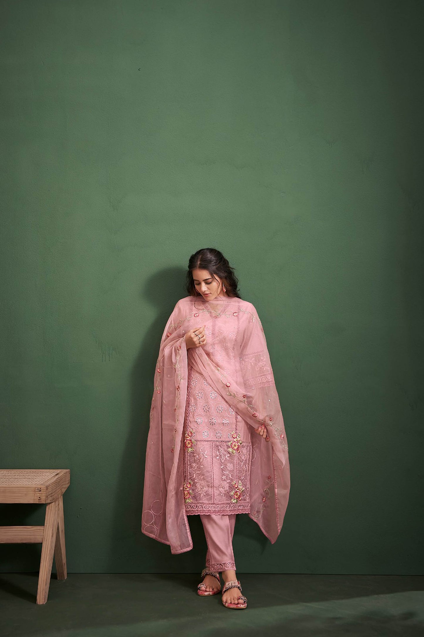 Peach Chanderi Embroidered Straight Fit Kurta