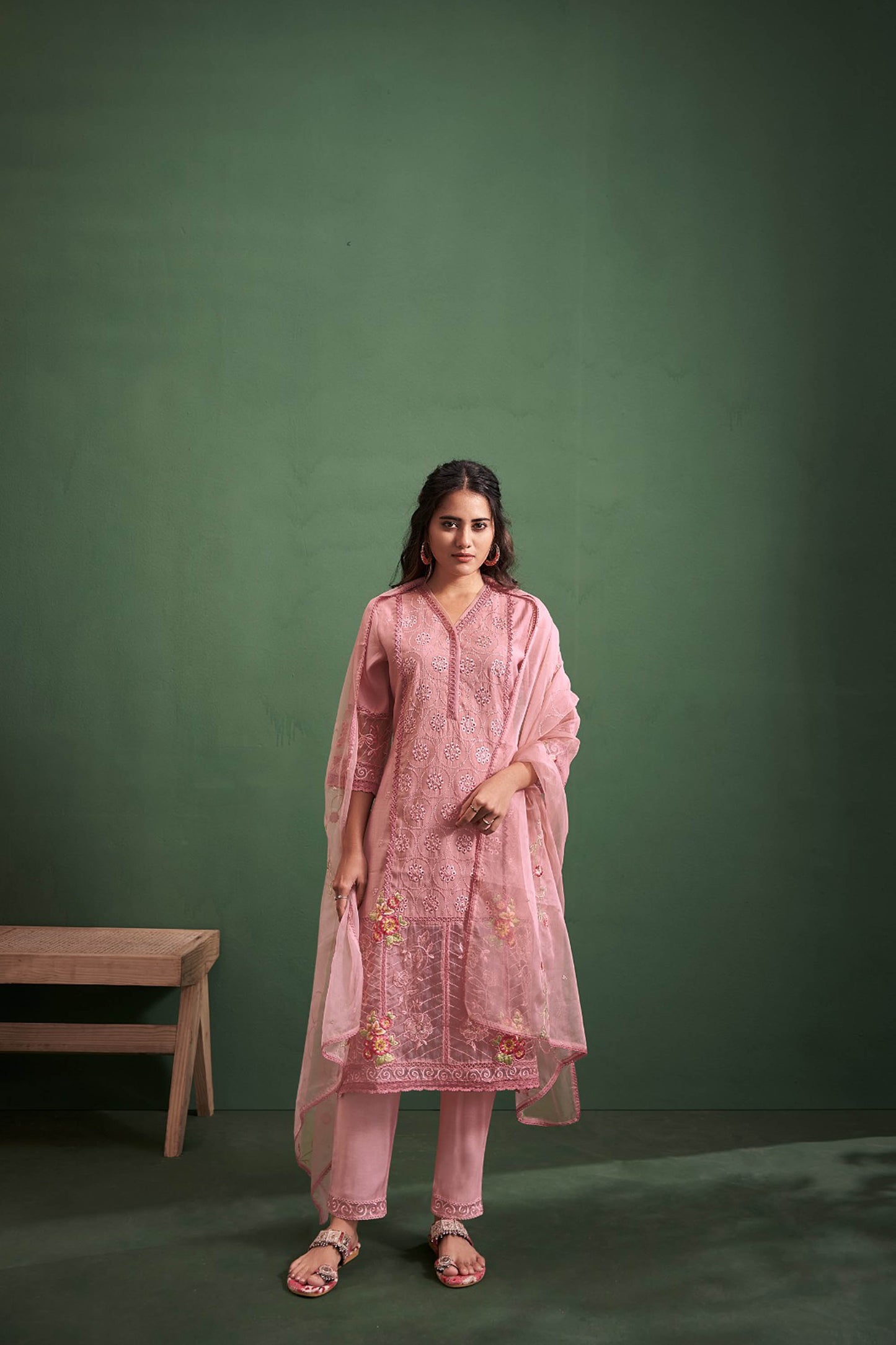 Peach Chanderi Embroidered Straight Fit Kurta