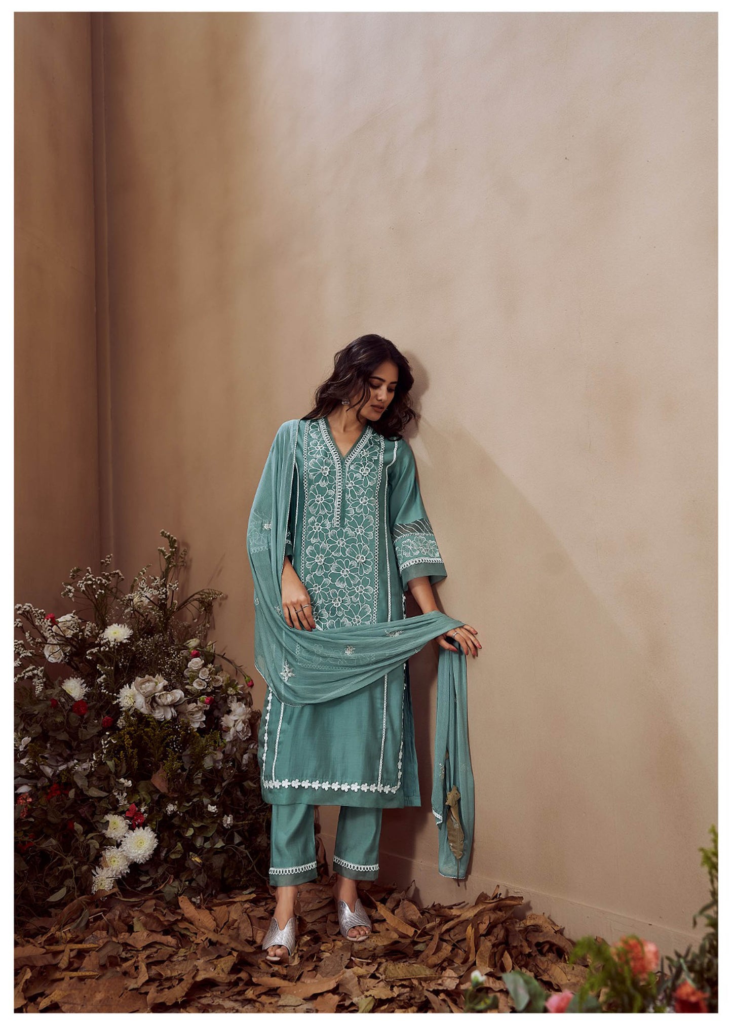 Blue and Green Cotton Silk Embroidered Straight Fit Kurta