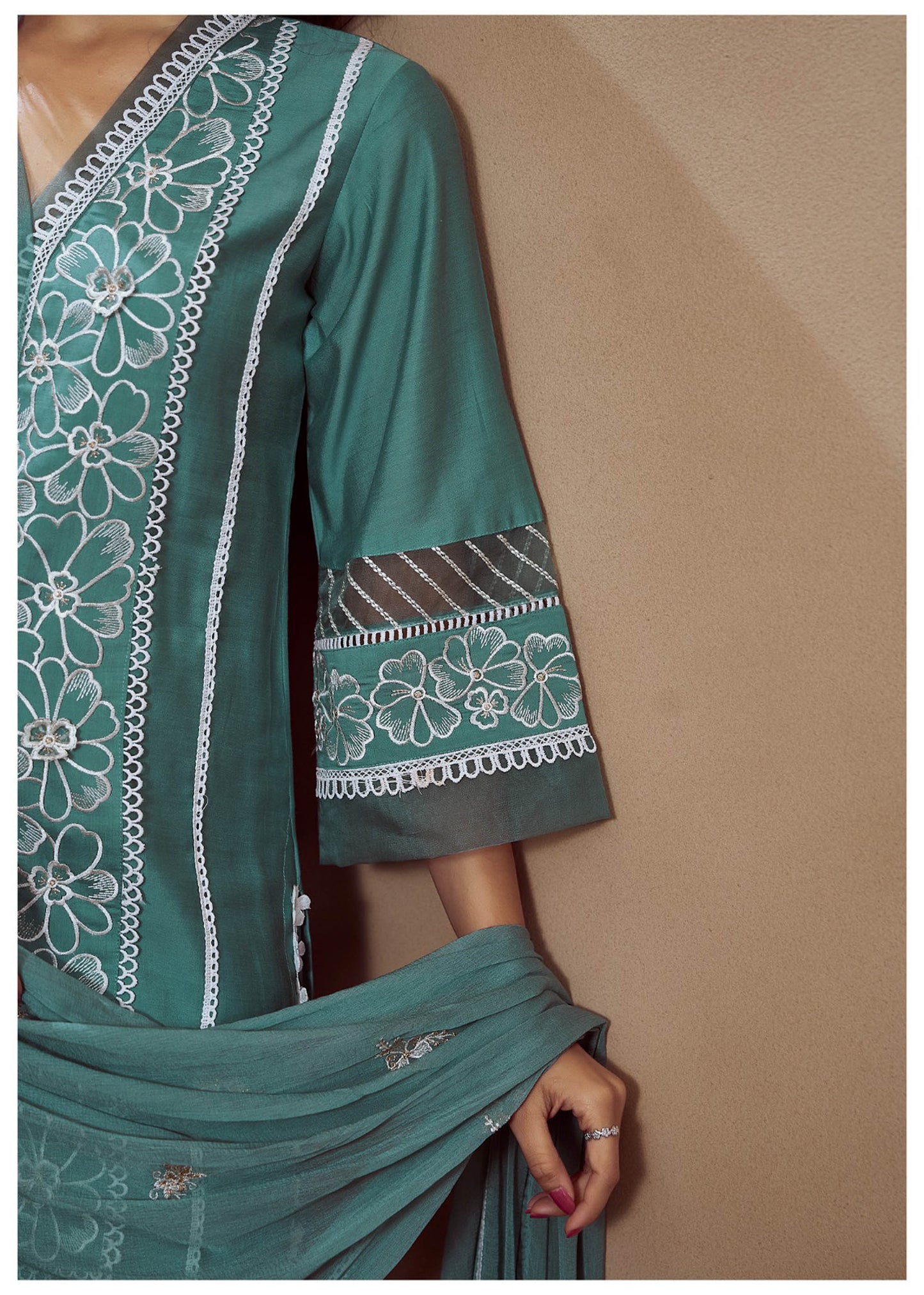 Blue and Green Cotton Silk Embroidered Straight Fit Kurta