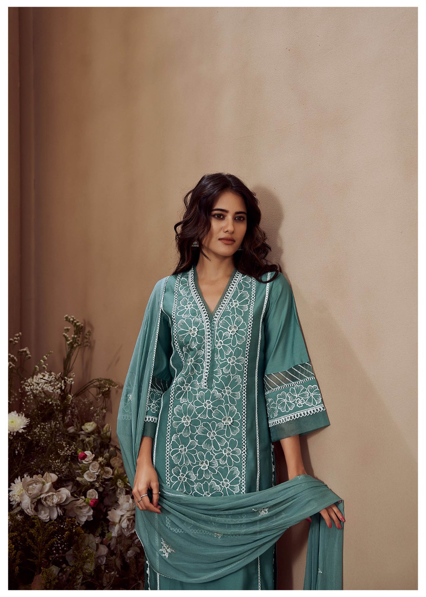 Blue and Green Cotton Silk Embroidered Straight Fit Kurta