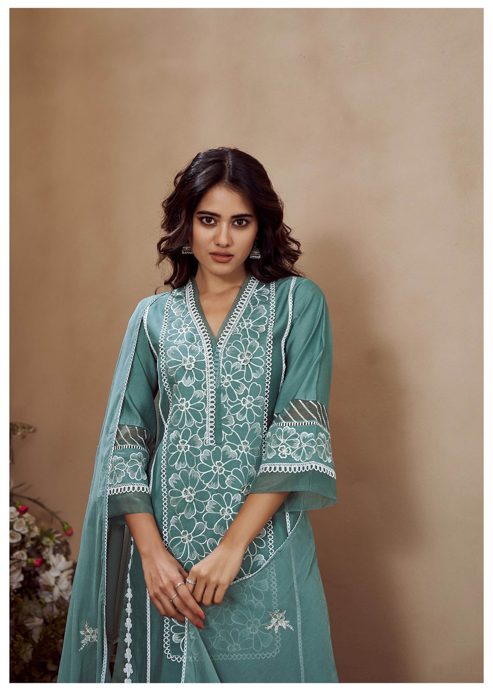 Blue and Green Cotton Silk Embroidered Straight Fit Kurta