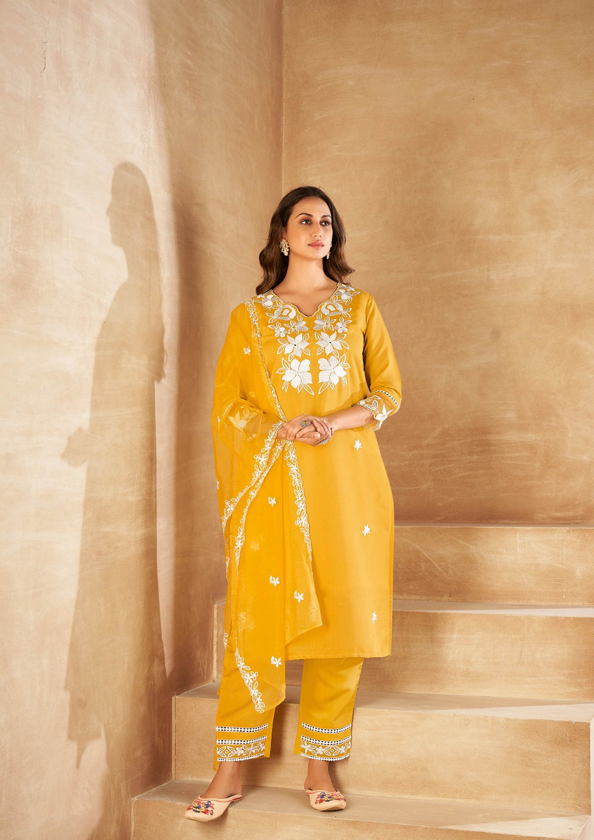 Mustard Yellow Cotton Silk Embroidered Straight Fit Kurta  