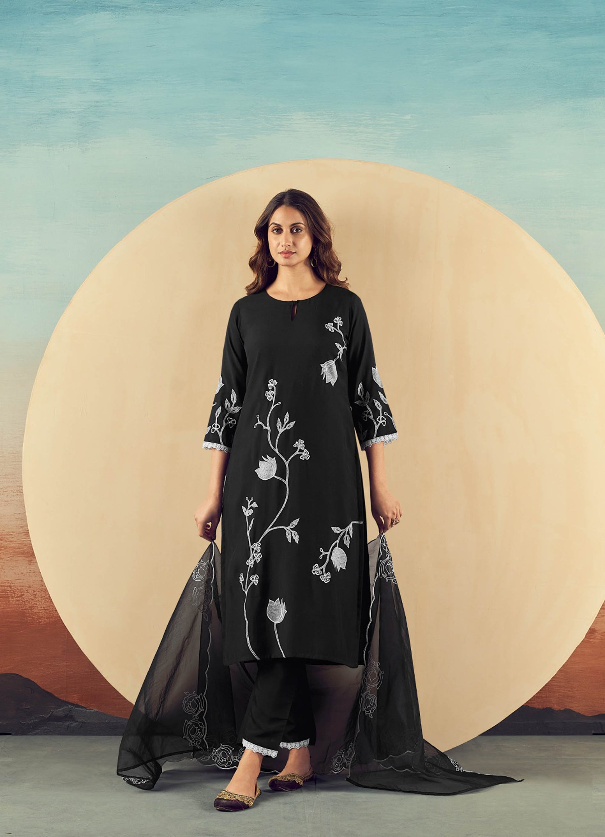 Black Cotton Silk Embroidered Straight Fit Kurta