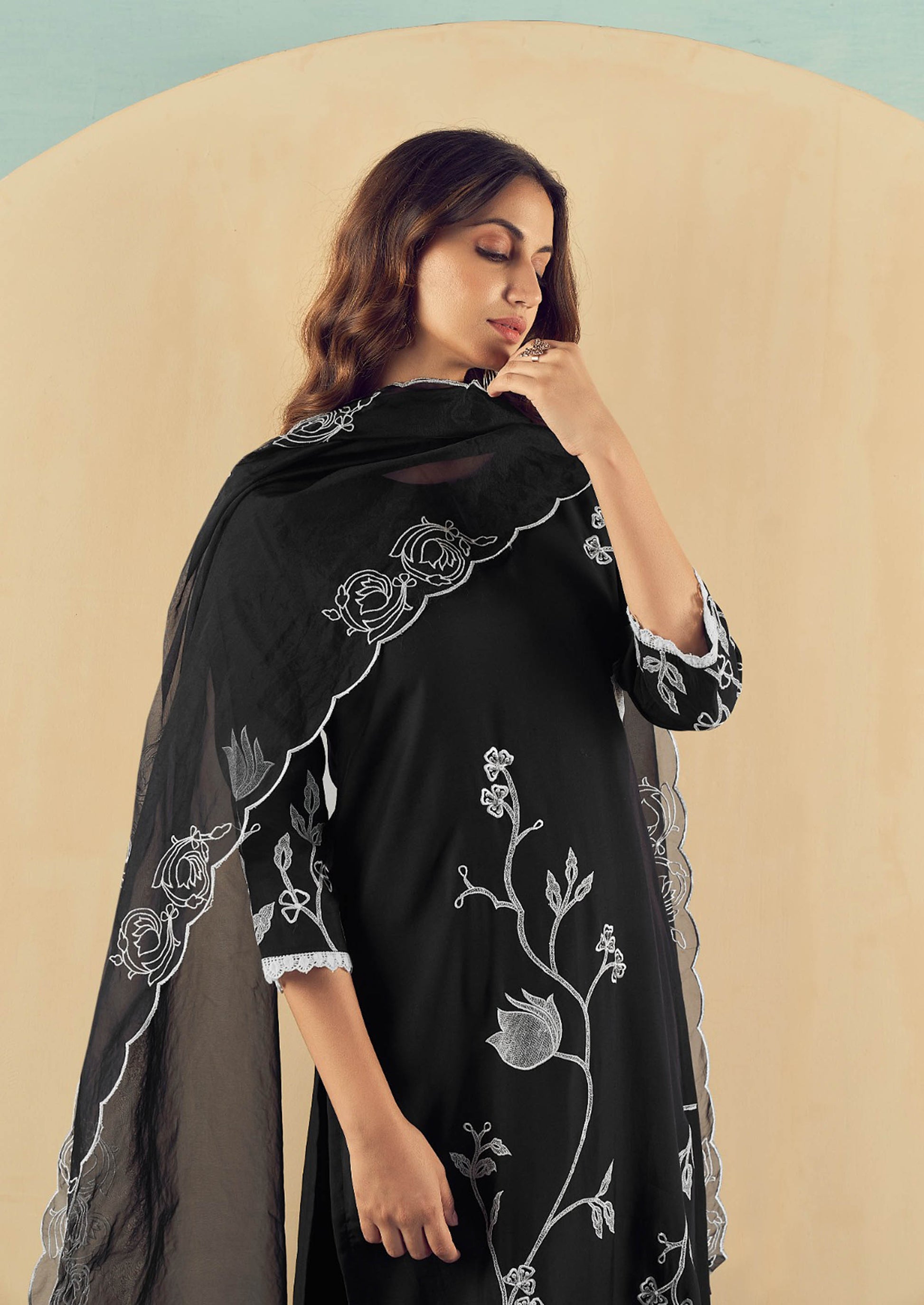 Black Cotton Silk Embroidered Straight Fit Kurta