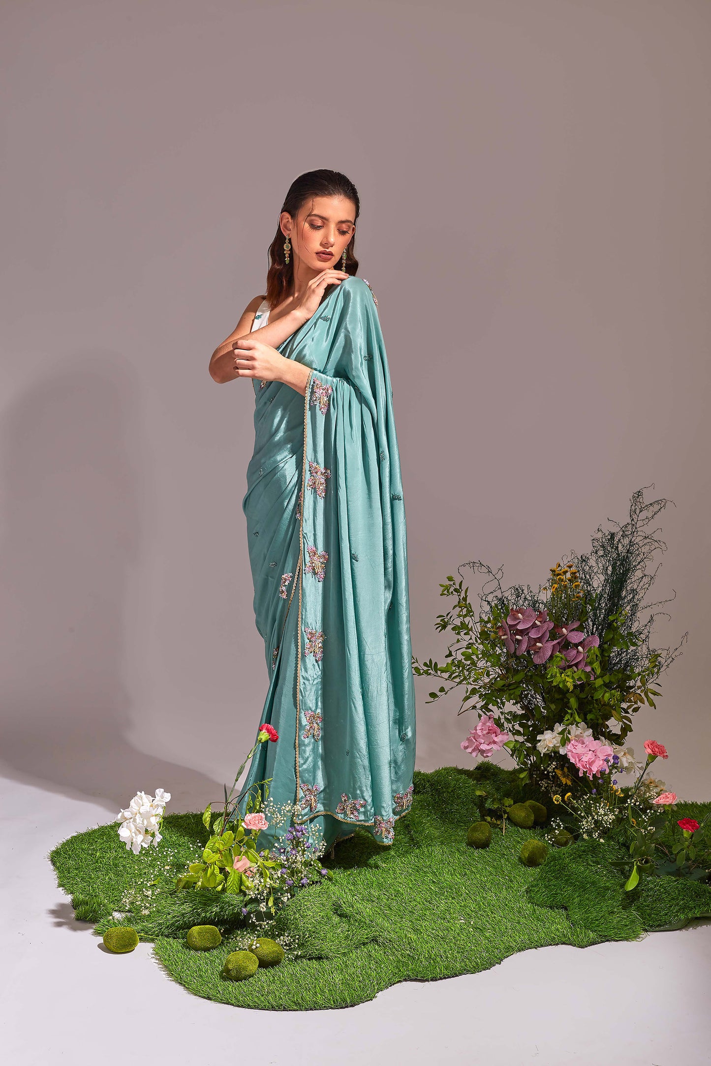 FLORALE  Light Sea Green , White Saree