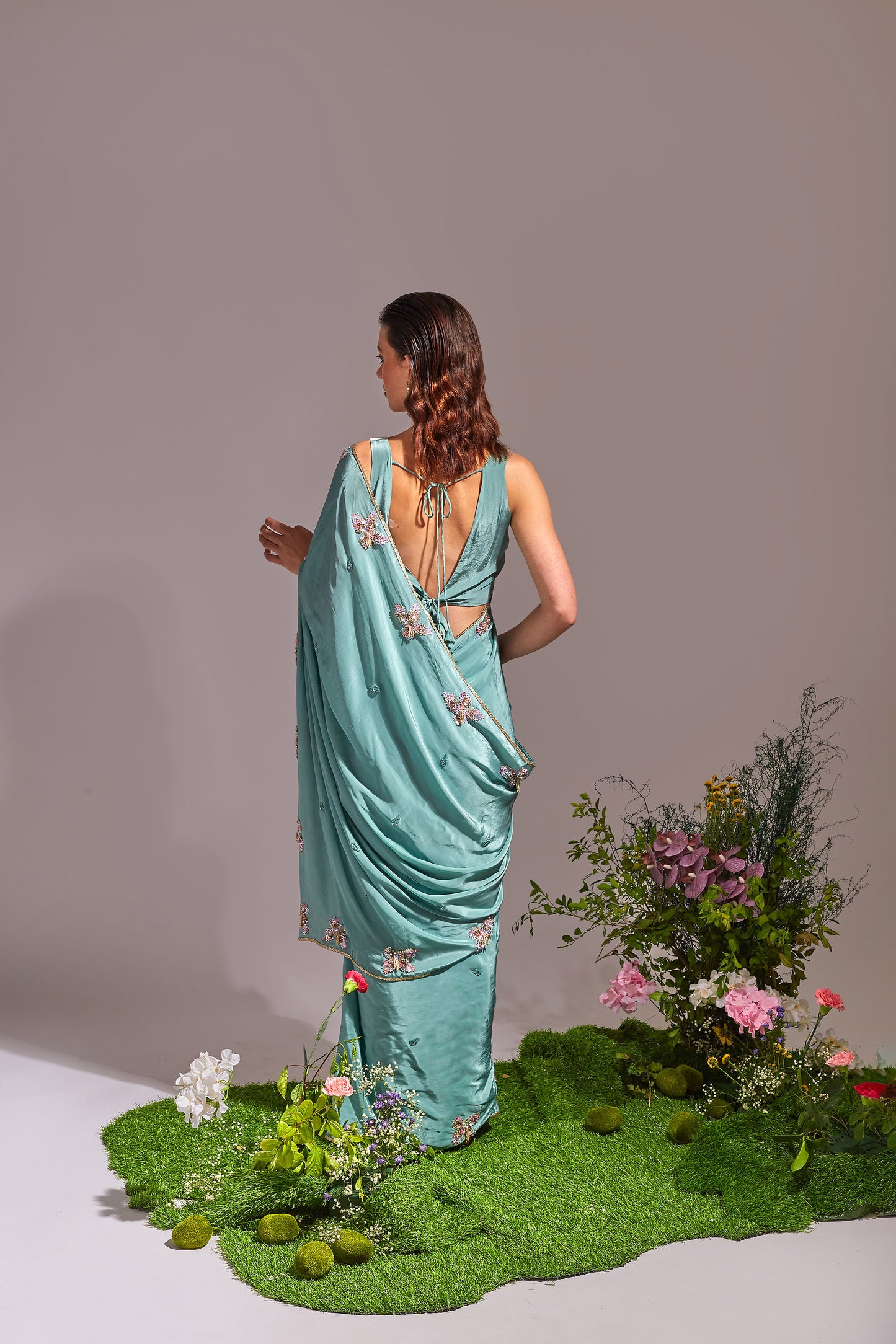 FLORALE  Light Sea Green , White Saree