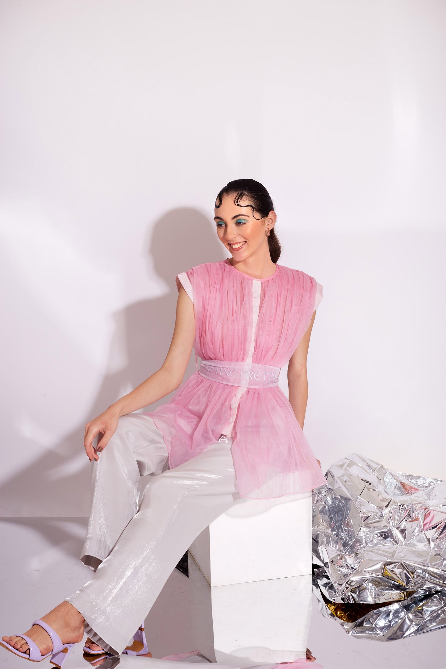 Sitting Pretty set Pink & Metallic Grey Top and pants