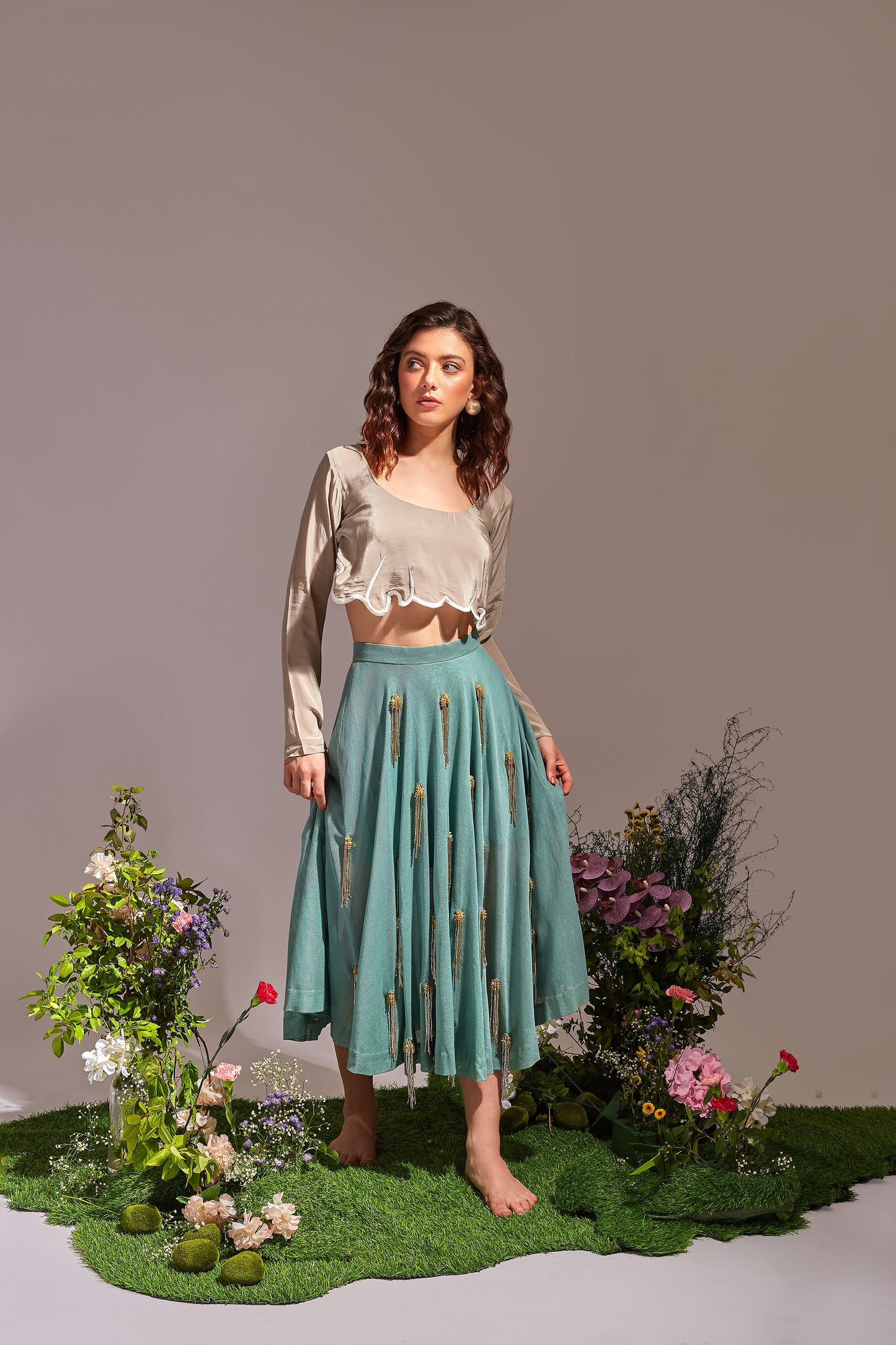 FLEURI Light Grey and Light sea Green top and skirt