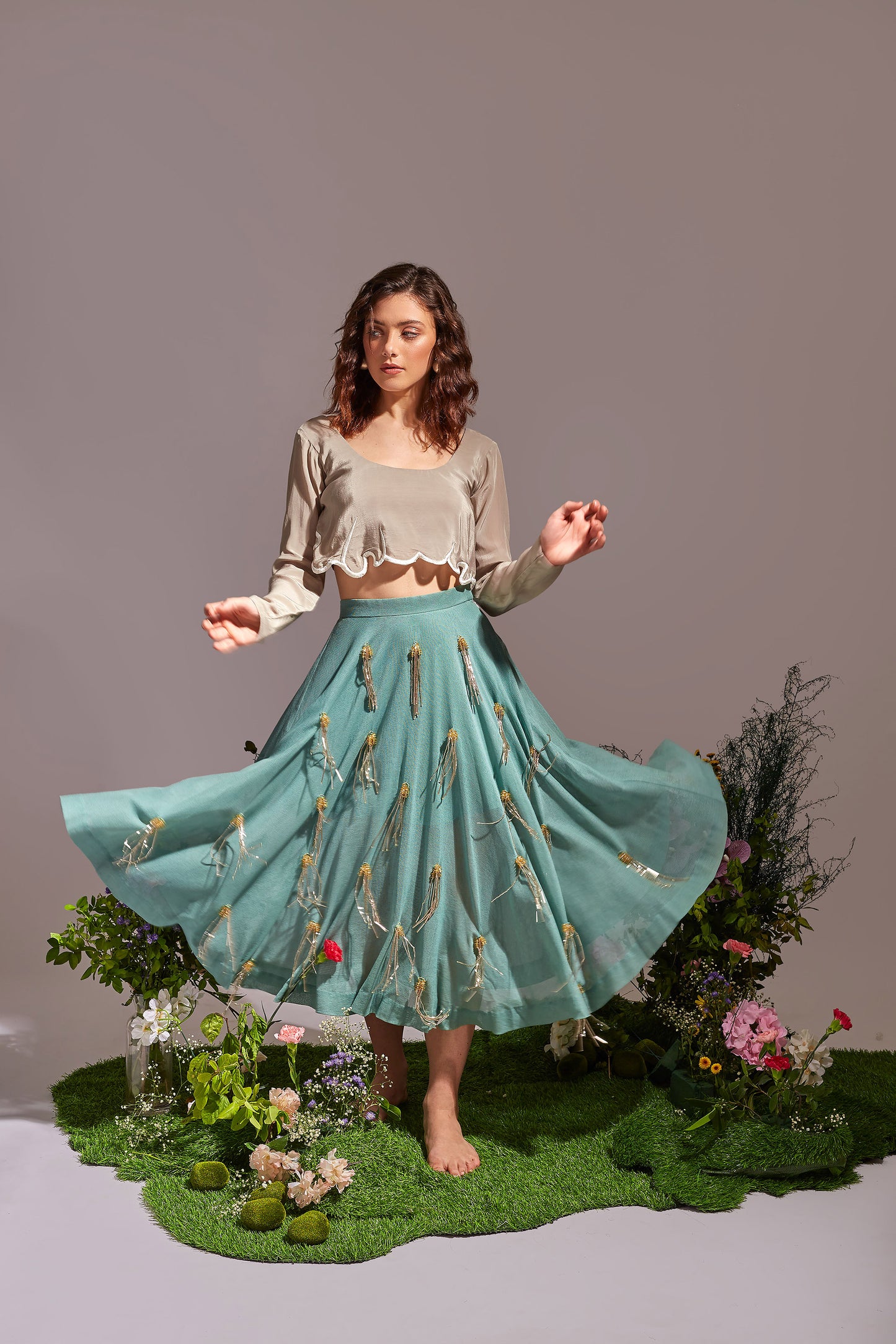 FLEURI Light Grey and Light sea Green top and skirt